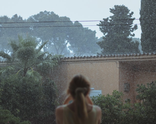 雨を見つめる女性の写真